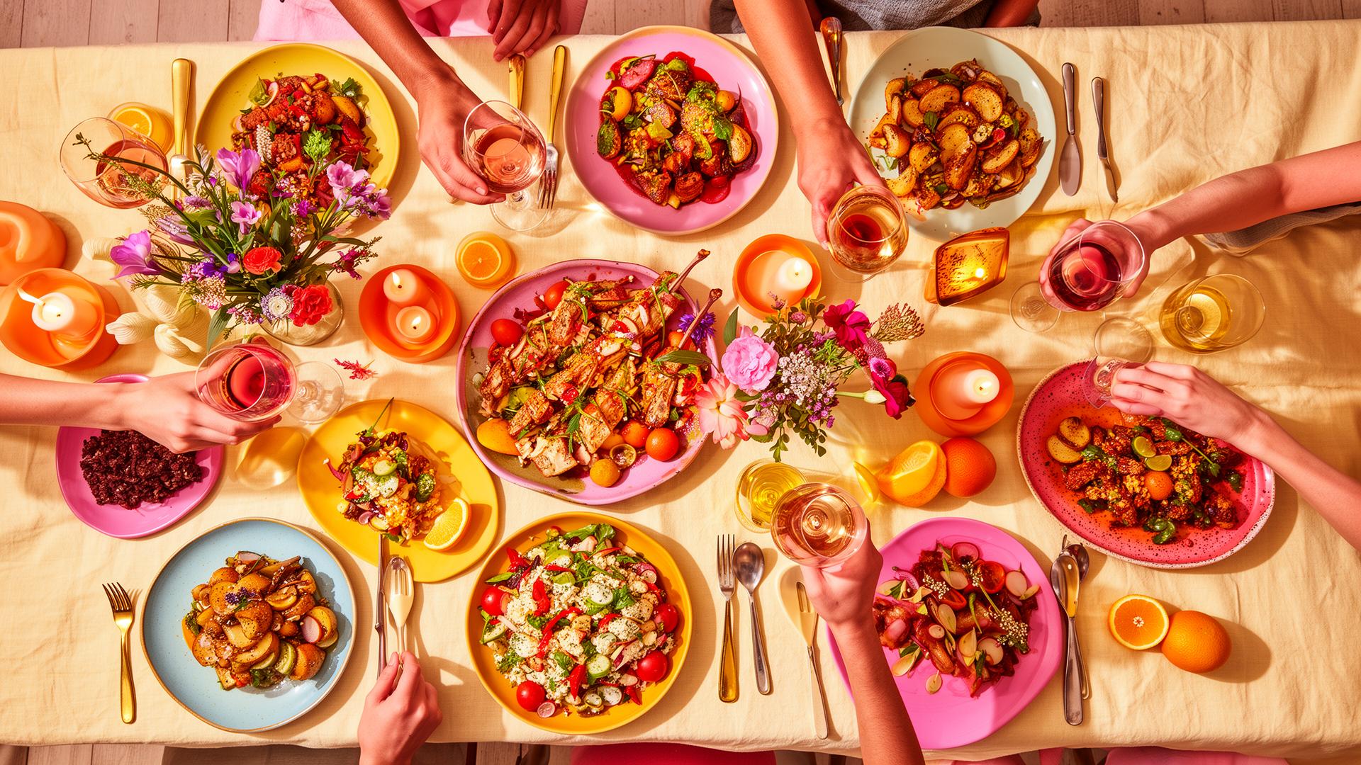 A colorful shared dinner table